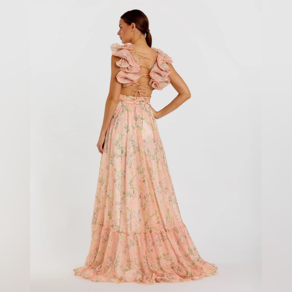 RE Mac Duggal 68703 Ruffle Tiered Floral Cut-Out Chiffon Gown in Pink Multi - Picture 2 of 5